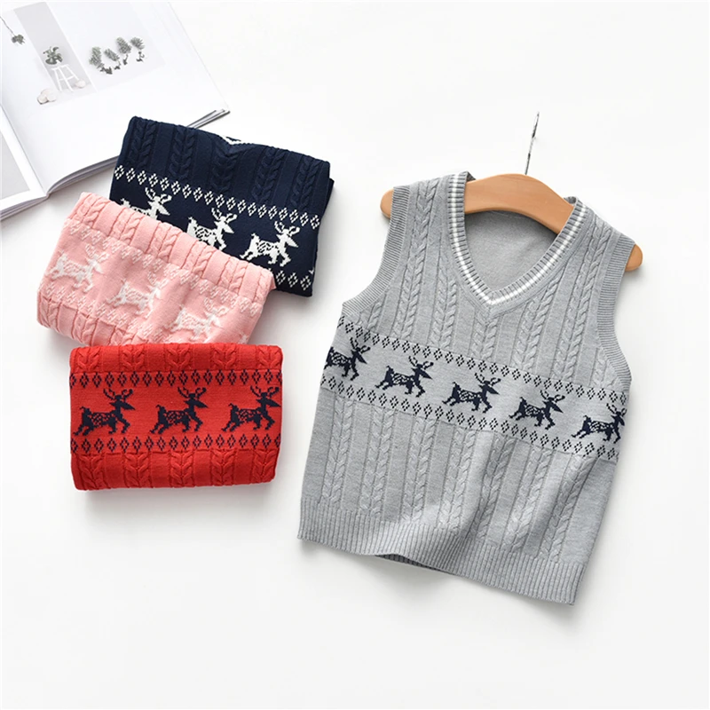 

Christmas Fashionable Kid's Sweater Vest Sleeveless V-neck Knited Sweater with Elk Pattern for Winter / Autumn Baby Boys clothes