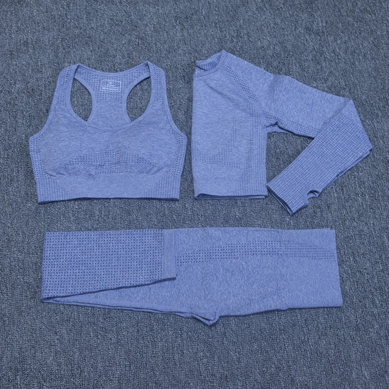 Women's Sportswear Yoga Set Vital Seamless Leggings+Sport Brassiere+Long Sleeve Crop Top 3PCS Sports Suits Gym Workout Clothing - Цвет: blue gray