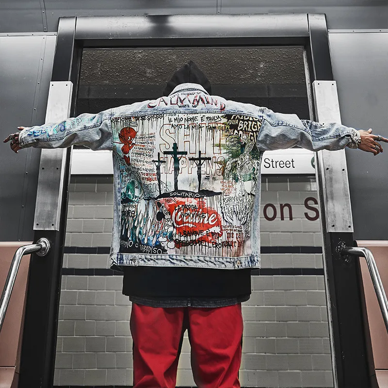 Джинсовая куртка для мужчин с рисунком граффити с винтажным принтом Рэппер уличные джинсы куртка хип-хоп стиль мотоциклетная Повседневная куртка пальто