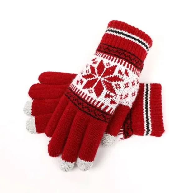 Лидер продаж, вязаные перчатки для девочек и женщин, с лосем, снежинками, толстые, теплые, зимние, полный палец, женские, тянущиеся, вязанные крючком, шерстяные, экранные варежки - Цвет: Snowflake red