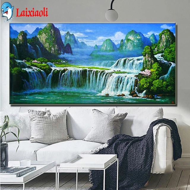 DIY Large Diamond Painting Cross Stitch, Landscape, Waterfall Wall Art,  Full Round Drill, Embroidery for Home Decor, 5D - AliExpress