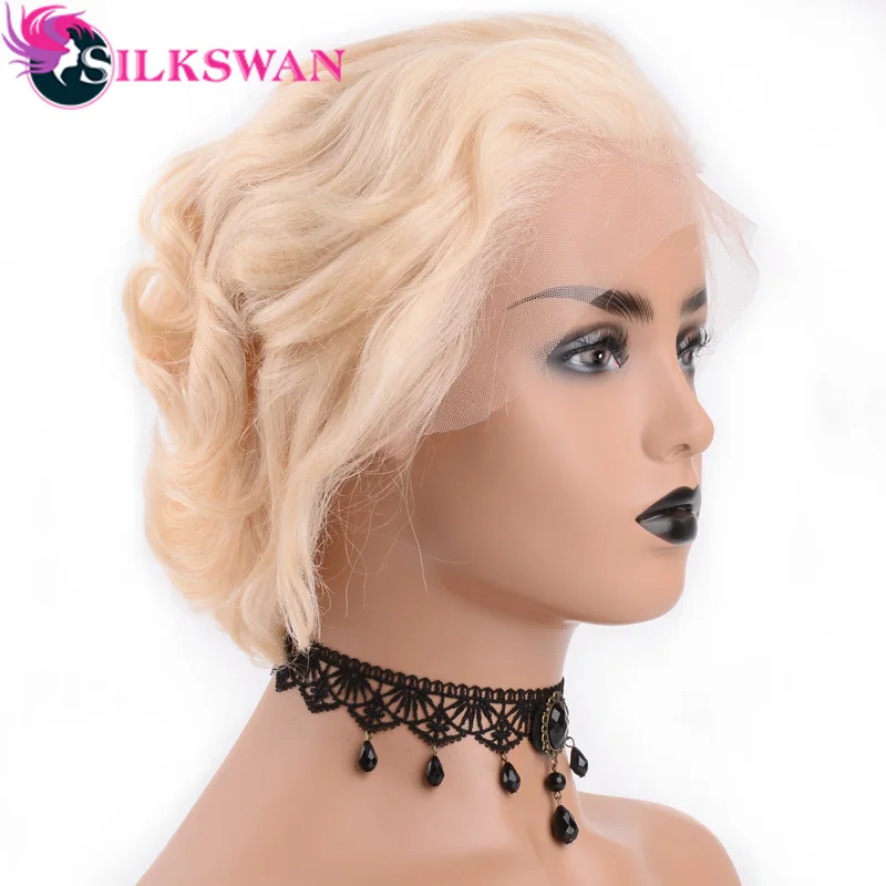 Silkswan волосы короткие Pixie срезанные Парики 150 плотность#613 блонд цвет для женщин натуральные 13*4 человеческие волосы парики бразильские волосы remy