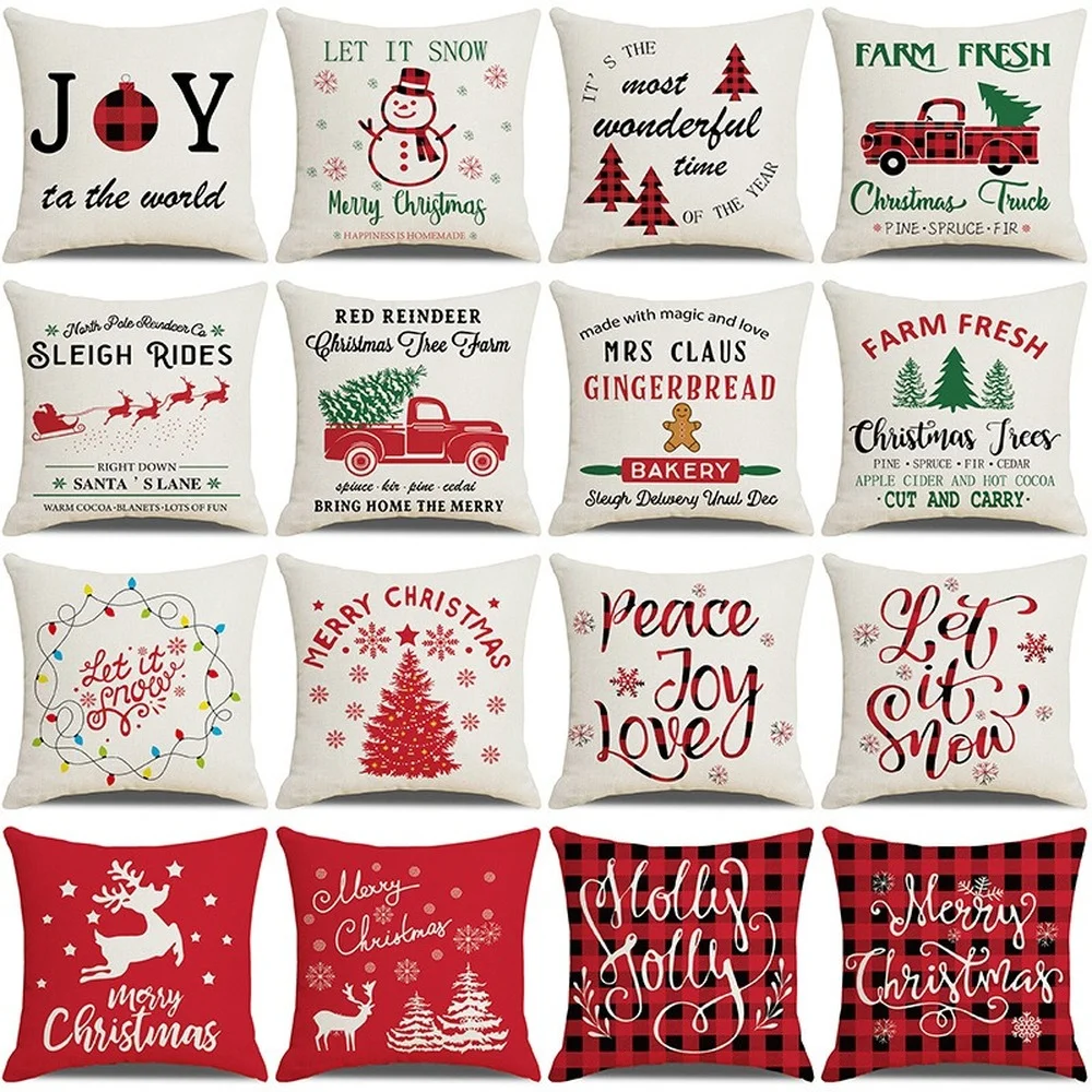 

2021 New Christmas Decor Cushion Covers 18x18 Inches Christmas Tree Red Truck Santa Claus Snowman Pattern Pillow Covers for Xmas