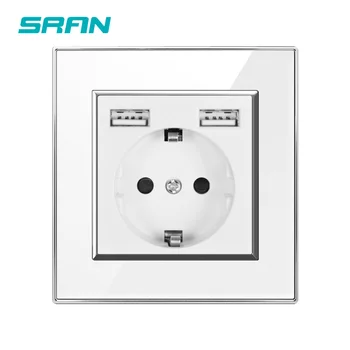 

SRAN EU standard wall electrical power socket，socket with usb dual ports white/black/gold crystal Acrylic panel 86*86 usb plug