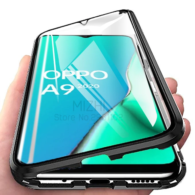 Двухсторонний стеклянный чехол для OPPO A9 2020 с магнитной металлической накладкой