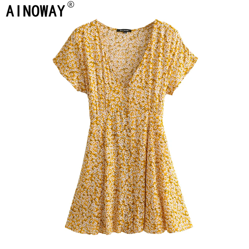 Винтажный шикарный модный женский хиппи желтый цветочный принт Глубокий