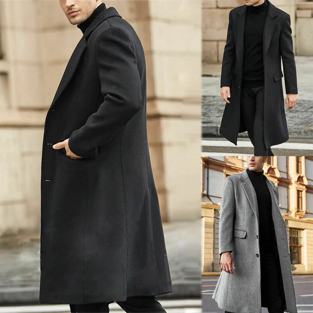 Mens Winter Trench Coat Single Breasted Warm Outwear Long Jacket Formal Overcoat