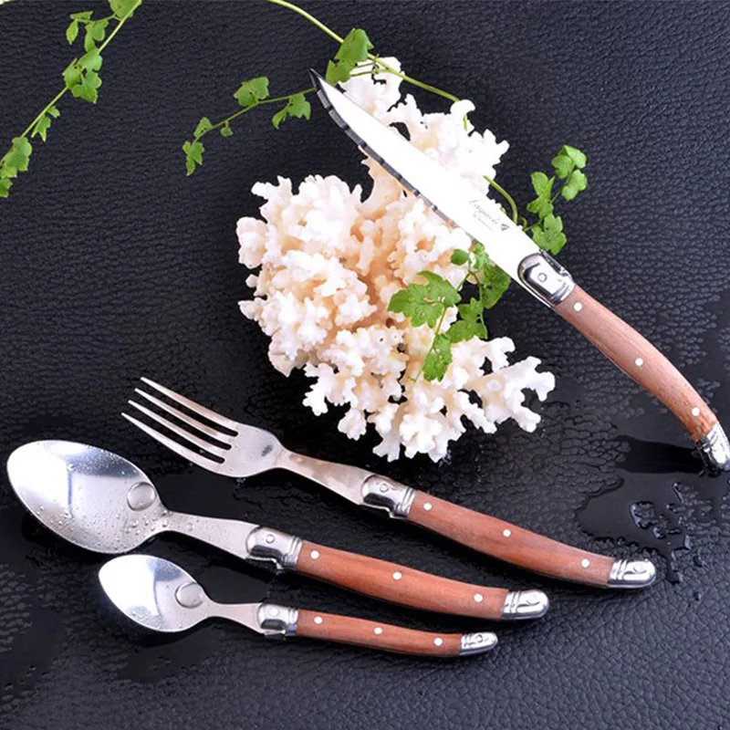 

24pcs Laguiole Stainless steel Flatware Set Wood Handles Steak Knife Fork Dinner Spoon Teaspoon Cutlery Gift Party Dinner Set