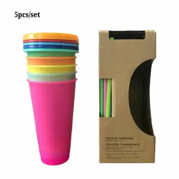 

5 PCS PP Magical Cup set 700ML Temperature Change Color Water Cups Eco-friend Coffee Cup Hot Water Water Bottles with Straw
