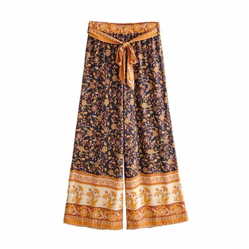 

Boho Chic 2019 Summer Vintage Floral Print Wide Leg Pants Women Bow Tie Sashes Elastic Waisted Beach Trousers Pantalones