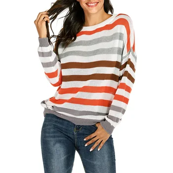 

New Contrast Striped Round Neck Women Sweater Loose Casual Wild Knitted Pullovers Tops Female Casual Long Sleeve Sweaters