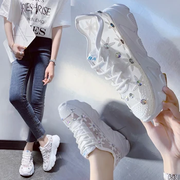 

Women Chunky Sneakers Fashion Basket Womens Crystal Flower Platform Lace Up White Female Trainers Heel Dad Casual Shoes Woman