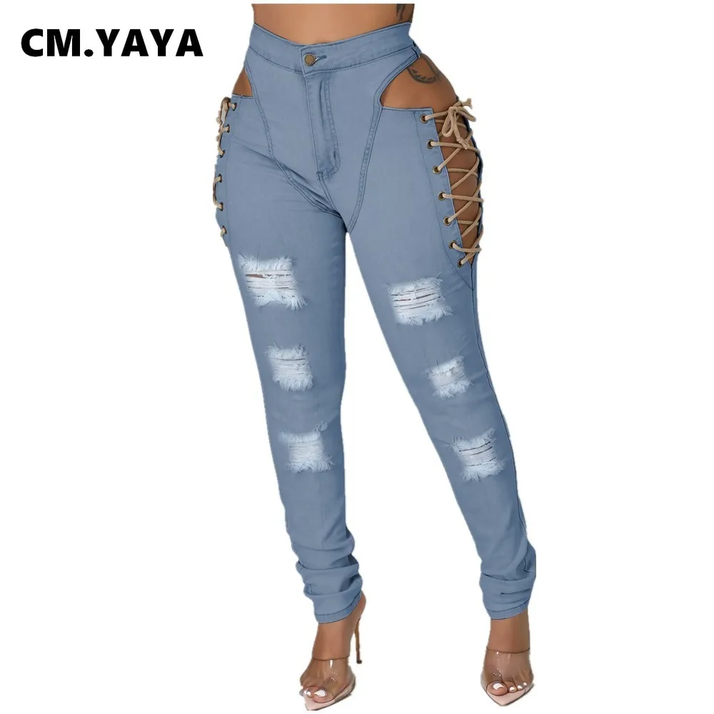 CM.YAYA Women Jeans Ripped Cut Out 
