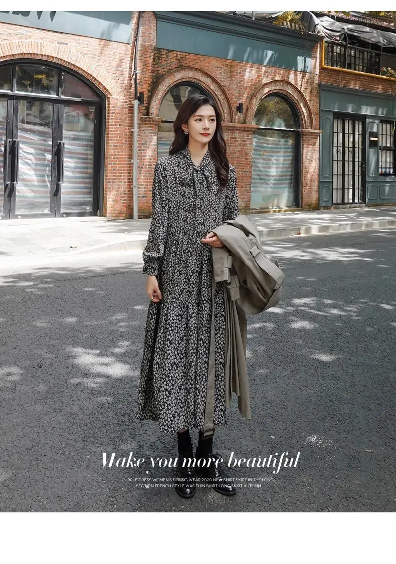 Long Sleeve Dress Women French Style Vintage Floral Leisure Mid-calf Loose V-neck Tender Classic All-match Autumn New Vestido casual dresses