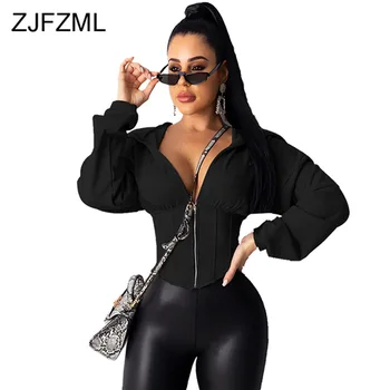 

Fall Winter Zipper Front Solid Bomber Jacket with Hood Women Long Sleeve Irregular Croped Coat Causal Plus Size Bandage Overcoat
