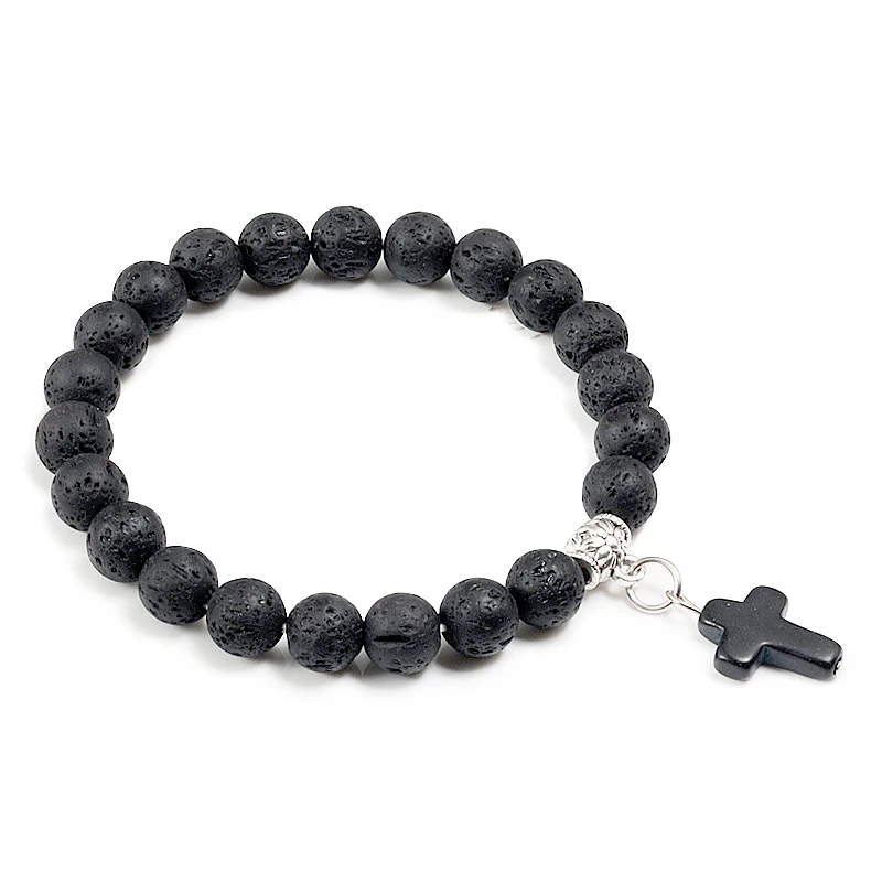 Мужской браслет с подвеской Angel Key Moon Cross из натуральной вулканической лавы