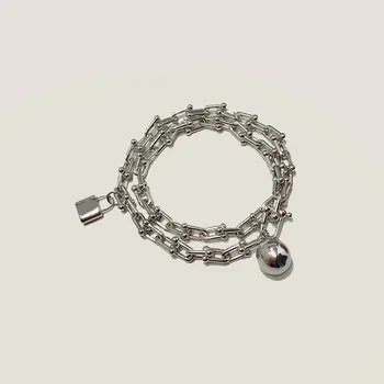 

Top Quality Brand Design Titanium U Shape Thick Chain Link Bracelet Charm Ball And Lock Pendant Bracelet For Men Women