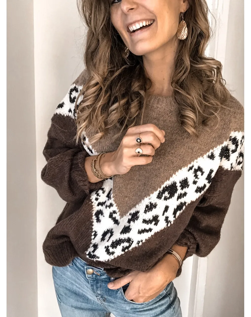 Женский свитер с длинным рукавом, леопардовая расцветка, пэчворк, осень и зима, повседневные пуловеры с круглым воротником размера плюс, C2026 - Цвет: Коричневый