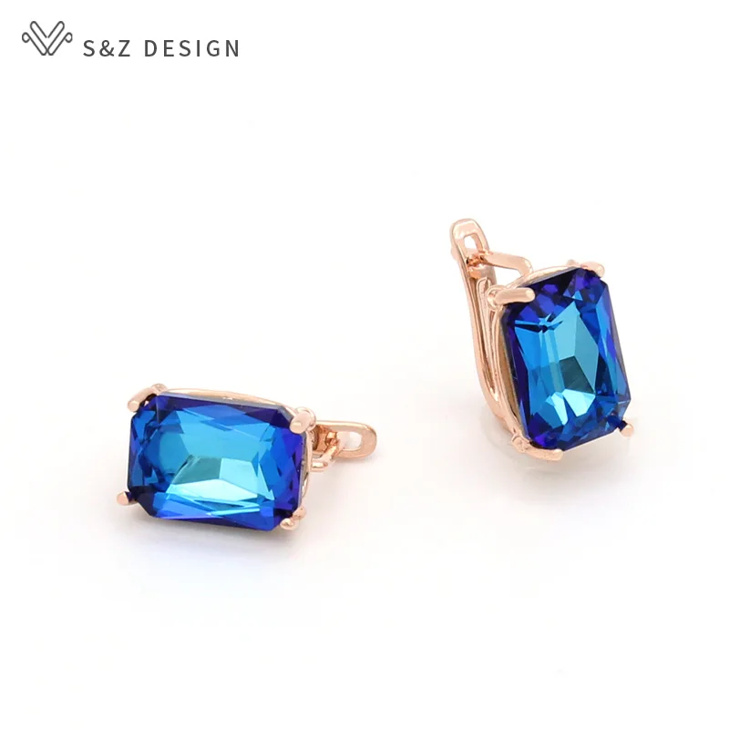 S&Z DESIGN New Fashion Fine Rectangular Crystal Dangle Earrings For Women 585 Rose Gold Color Wedding Jewelry