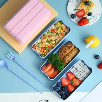 

3 Layers with Cutlery Bento Box Eco-Friendly Lunch Box Food Keep Fresh Container Wheat Straw Material Microwavable Dinnerware