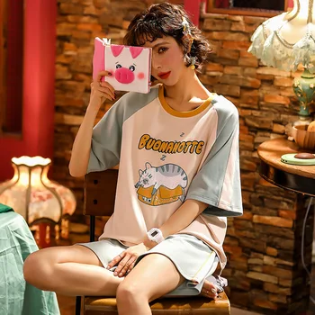 

JULY'S SYJJF Cute Cartoon Pajamas Set Short Sleeve T-shirt And Shorts 2020 Cotton Printed Comfortable Nightwear Casual Crew Neck