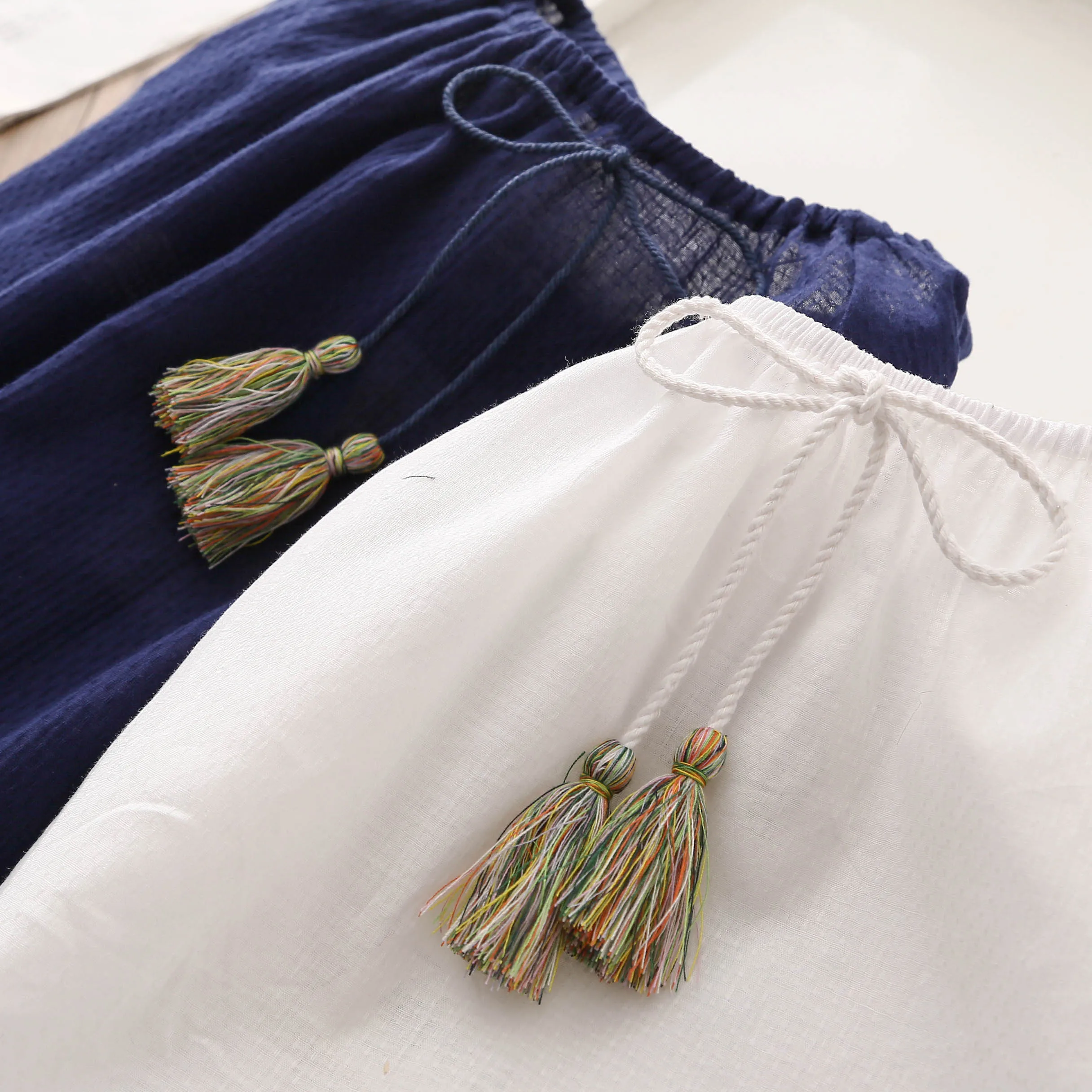 Spring Autumn 2-10 Years Cotton Navy Blue White Long Flare Trumpet Sleeve Embroidery Baby Kids Girls Tassels Blouse Shirt
