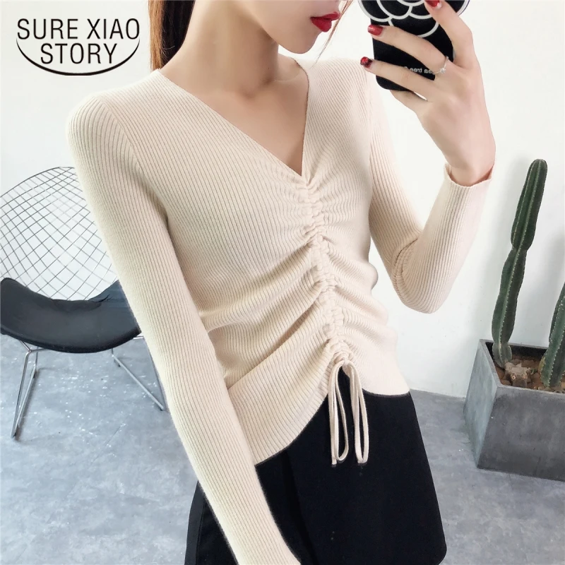 Women Sweaters 2019 Winter flat Knitted Pullovers solid Bow V-Neck Office Lady Sweater 5217 50 | Женская одежда