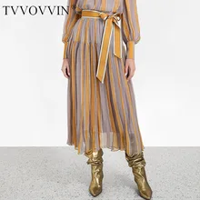TVVOVVIN, контрастная, в полоску, с высокой талией, с поясом, комбинированная, плиссированная, женская, шифоновая юбка, повседневная, Джокер, простая, модная, осень, новинка, X232