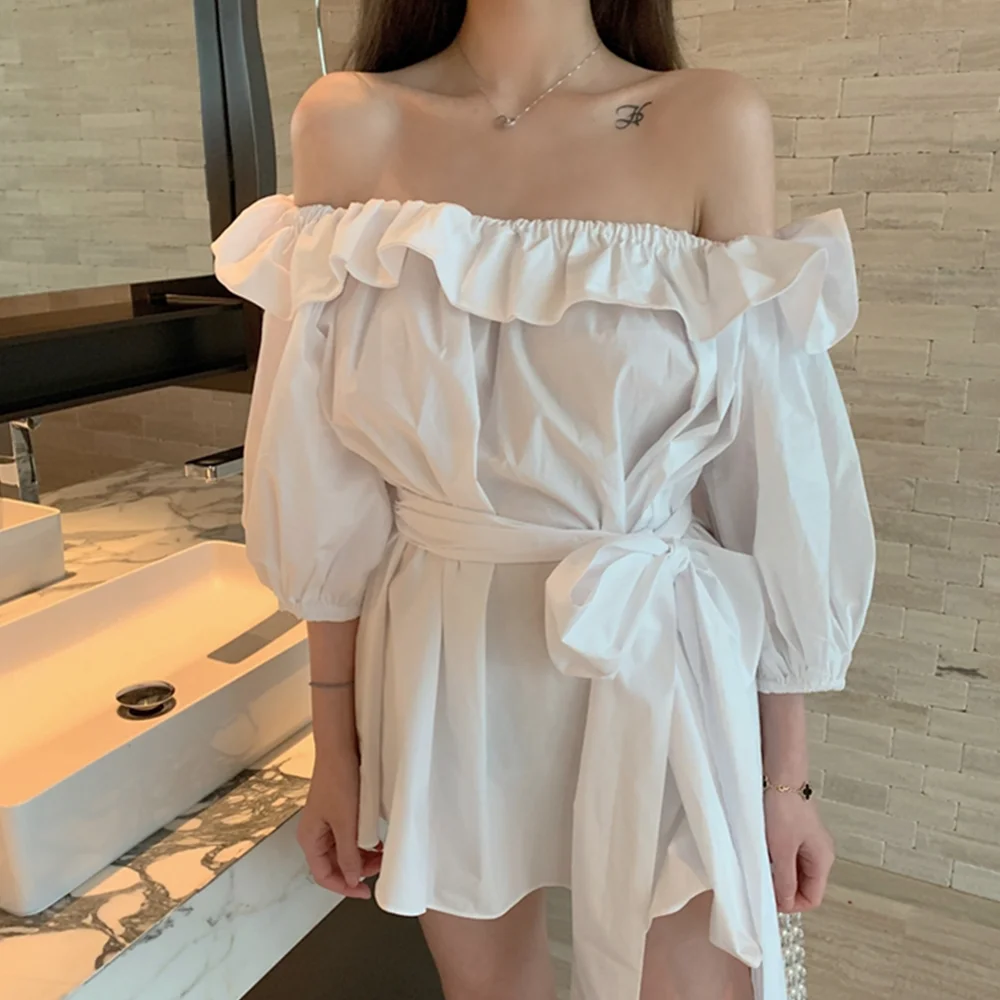 Ruffles Summer Women Dresses White Off Shoulder Loose Elegant Vestidos Blusas Dress Casual Beach Party Sexy Female Short Dresses