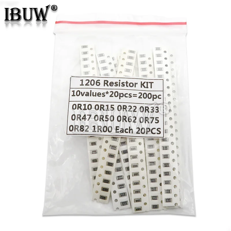 200 sztuk 1% 1206 rezystory SMD wybrane elementy zestaw, 10 valueX20pcs = 200 sztuk 1R00 R820 R750 R620 R500 R470 R330 R220 R150 R100