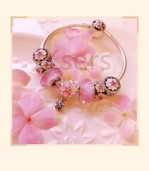 

High Quality Reproduction 1:1 100%925 Silver Pink Beads Lotus Bracelet Free Shipping