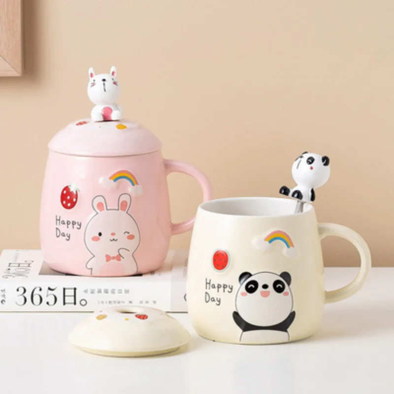 Mug with Lid Spoon 500ML Animal Microwave Cartoon Rabbit Panda Bear Cat Simple Ceramic Water Cup Korean Style Creative | Дом и сад