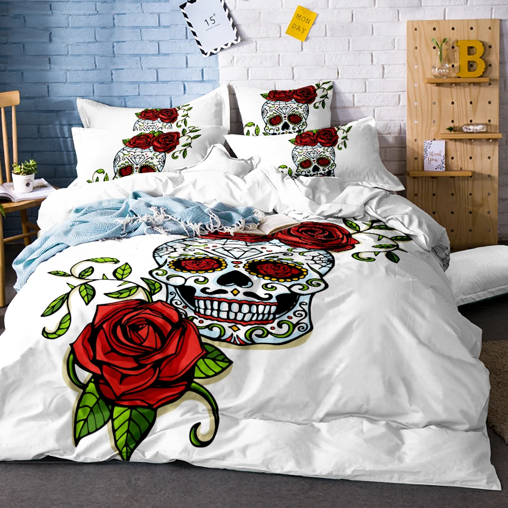 

Sugar Skull Bedding Set Black White Duvet Cover Set Rose Print Bed Linen Set Twin Full Queen King Size Bedclothes Home Textiles