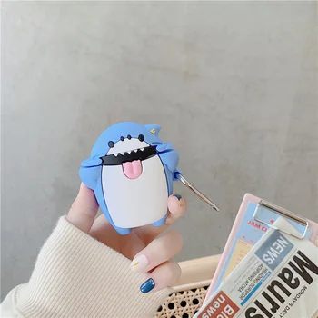 

For AirPods 2 Case Blue Shark Tongue Out Cute Cartoon Soft Silicone Cases For Apple Airpod Case Protect Cover Funda + Ring