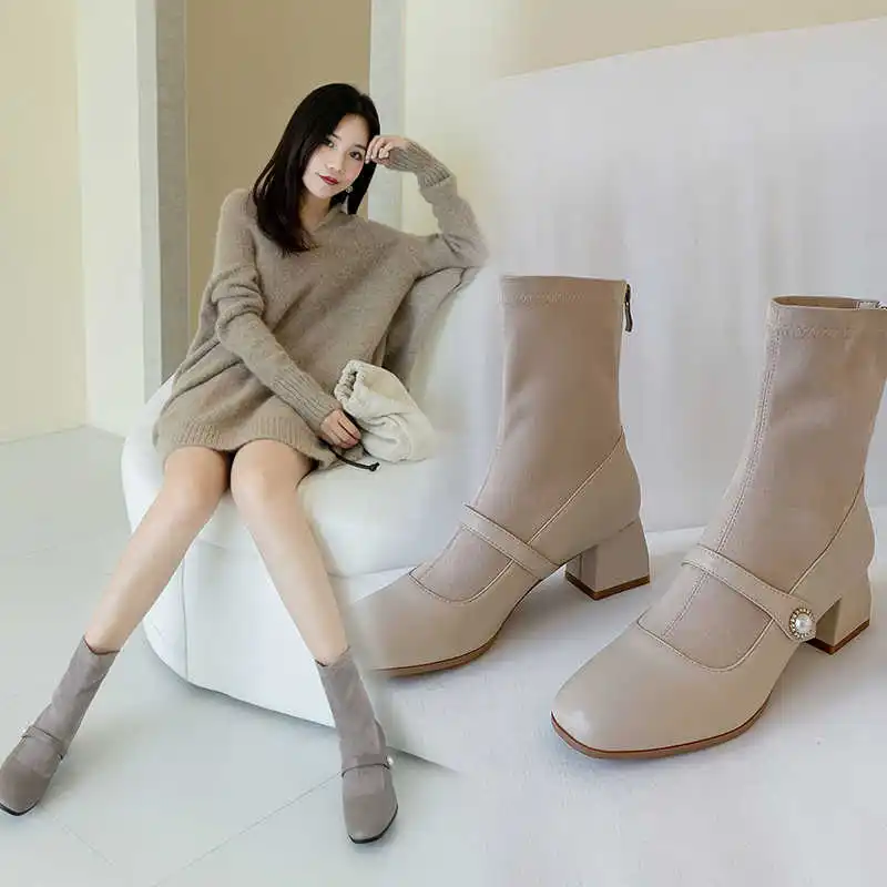 Odetina/Новые Модные женские элегантные однотонные сапоги до середины икры из искусственной замши на толстом каблуке обувь Мэри Джейн из искусственной кожи на молнии и среднем квадратном каблуке с пуговицами