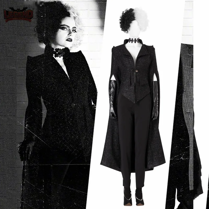 Cruella abrigo negro para Cosplay, traje De Cruella De Vil para