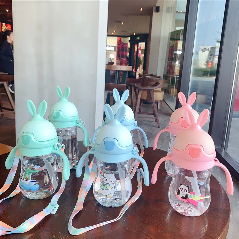 280ml Cute Rabbite Baby Feeding Bottle BPA Free Children Learn Drinking Straw Water Bottles Kids Training Cup w Handle&Sling