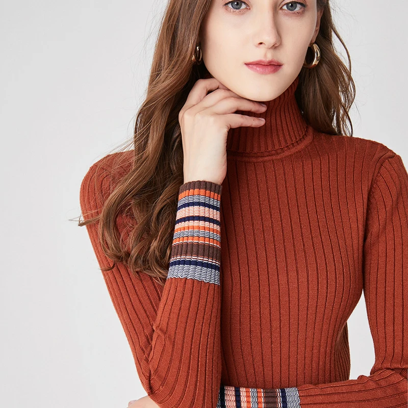 Women Roll Neck Fine Kint Rib Jumper With Striped Sleeve Details Autumn &amp Winter Slim Fit Knit Top | Женская одежда