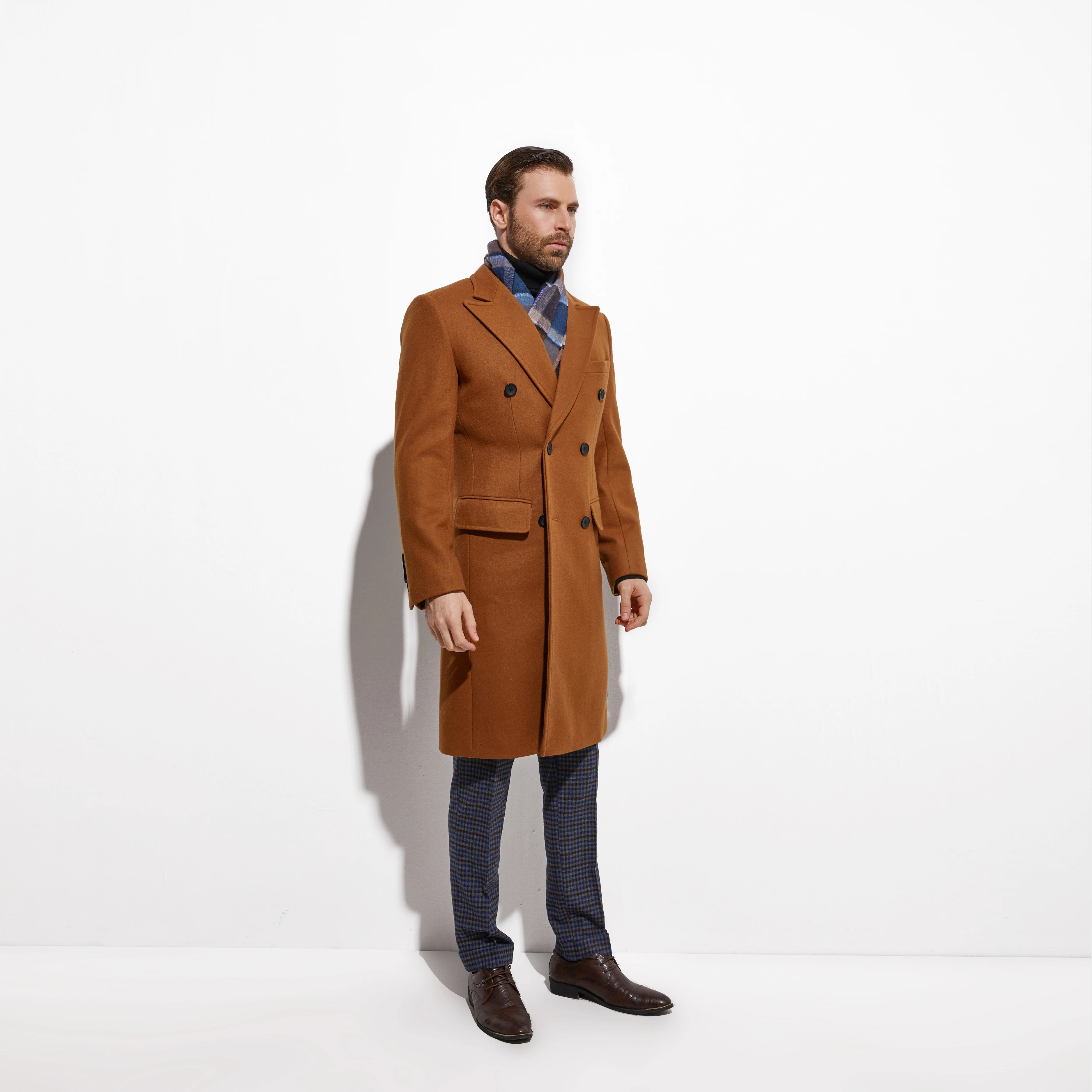 Winter Caramel Color Topcoat Custom Made Heavy Warm Wool Blend Tailored Slim Fashion Dark Brown Trench Coat