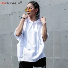 Street Hoodies Women Oversize 2020 Autumn Patchwork Thin Coat with Drawstring Hood Batwing Half Sleeve Black White for Teen Girl