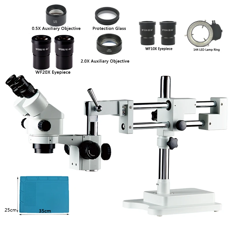 

7x-90x Zoom Binocular Stereo Microscope Industrial Lab Stand Holder Bracket Universal Double Boom+ 0.5X 2.0X Lens +144 LED Light