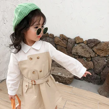 

WLG girls causal dresses kids autumn spring patchwork khaki turn down collar long sleeve dress baby girl all match dress 1-5T
