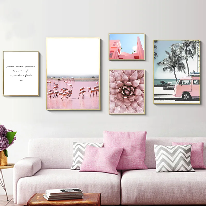 

Scandinavian Flower Pink Bus Poster Nordic Scenery Wall Art Canvas Print Painting Modern Home Office Room Decoration Picture