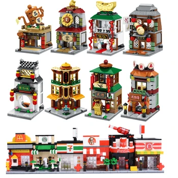 

City Mini Street Chinatown Pawnshop Restaurant Pizza Ice Cream Retail Store Building Block Brick Toys For Children