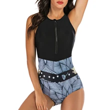 Сексуальный цельный купальный костюм пуш-ап без рукавов на молнии спереди купальная Одежда Женская Геометрическая пляжная одежда с принтом купальный костюм монокини для плавания