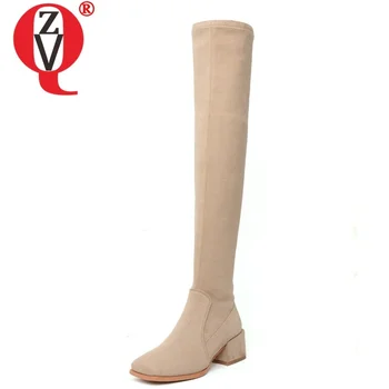

ZVQ winter new fashion sexy over knee boots outside mid heels zip square toe kid suede women shoes drop shipping size 33-40