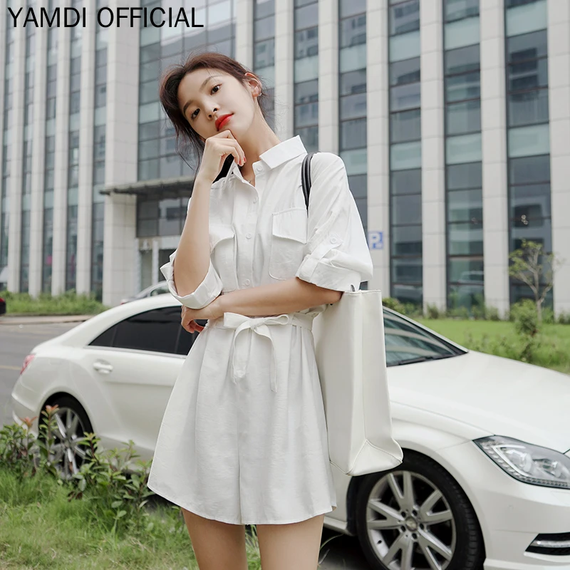 YAMDI однотонные синие белые комбинезоны женские модный костюм воротник женские Комбинезоны женские летние широкие шорты Jumpsu