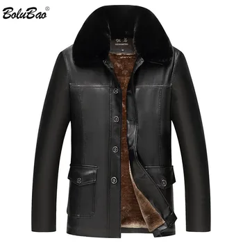 

BOLUBAO Men's Fur Collar Leather Jacket Winter Brand Men Lining Fleece Leather Jackets Casual Warm Jacket Coats Male
