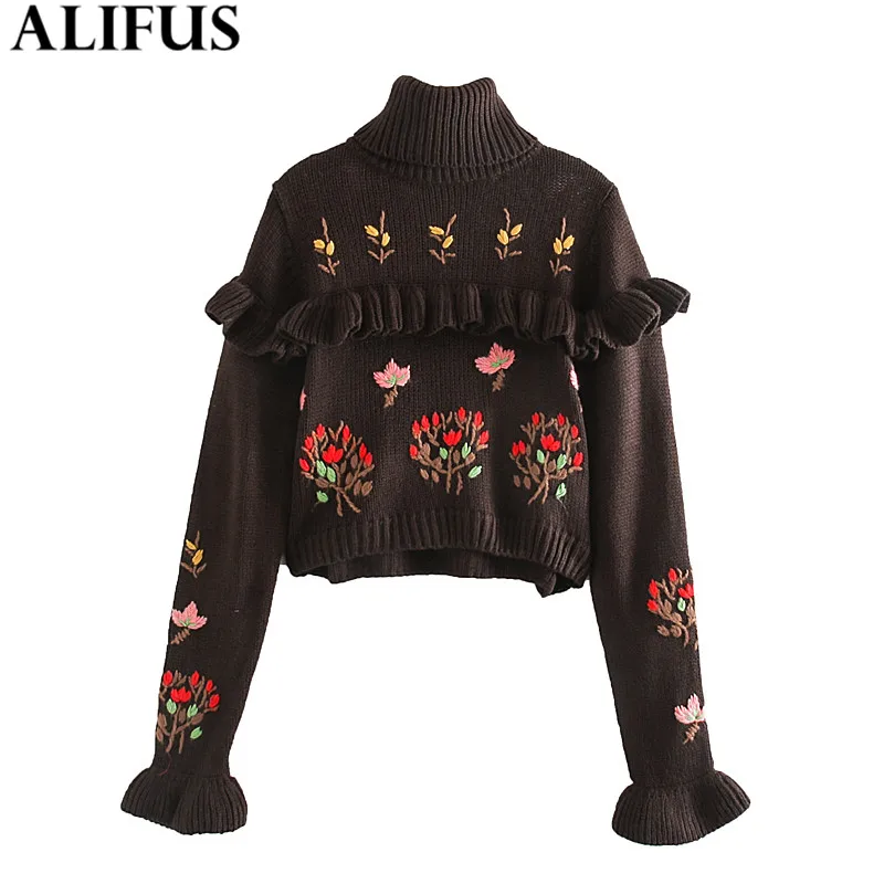 

Fashion Za Women Sweaters 2019 Winter Woman Turtleneck Sweater Sweet Ruffled Embroidered Knitting Pullovers Jumper Ladies Top