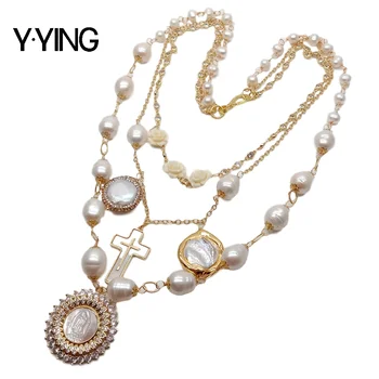 

Y·YING Freshwater White Rice Pearl Gold Plated Chian Layers statement Necklace White Shell Virgin Mary Charm 20" for women